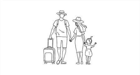 A girl with a suitcase and a mask and a hat is waiting for her transport, black and white, Continuous Line art or One Line Drawing of a Travel girl with a Suitcase. Drawing by hand. Vector illustratio