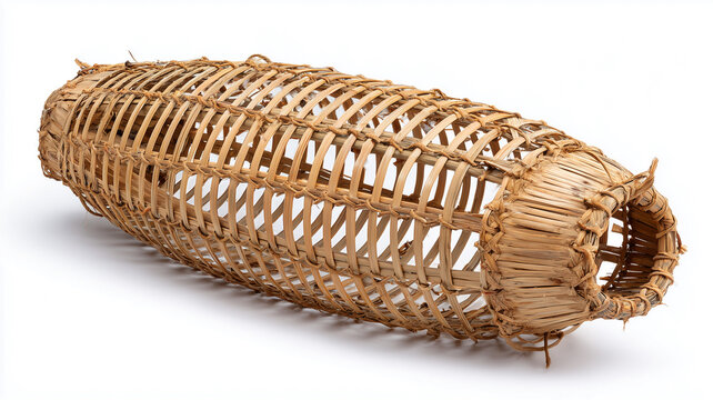 Traditional fish trap bubu with woven bamboo structure, isolated on white background.