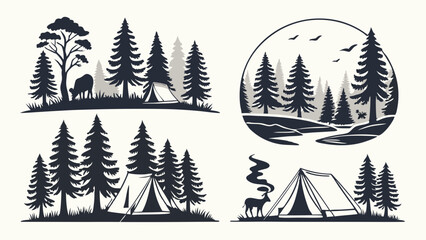Obraz premium Vintage Camping Silhouettes Set Pine Forest Badges Rustic Outdoor Adventure Emblems for Logo Design Travel Graphics and Sticker Print Apparel.