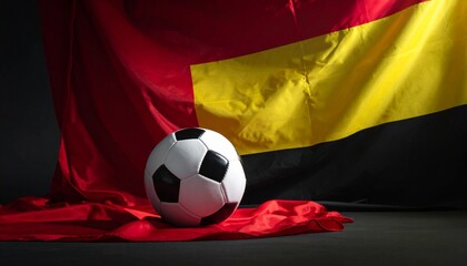 Naklejka premium A soccer ball sits on a red fabric against a waving Belgian flag with red, yellow, and black colors from a close-up view