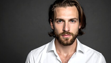 Fototapeta premium Portrait of a handsome man with a beard in a white shirt against a dark gray background, looking directly at the camera