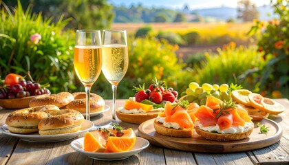 Refreshing outdoor brunch with bagels, lox, fruit, and sparkling wine against a bright, scenic landscape