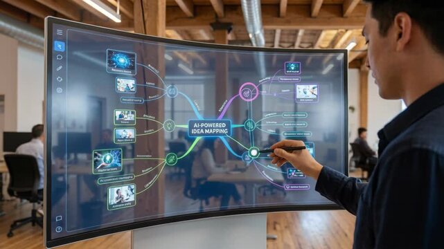 AI powered idea mapping and creativity workflow using artificial intelligence touchscreen modern office to inspire team collaboration and interactive