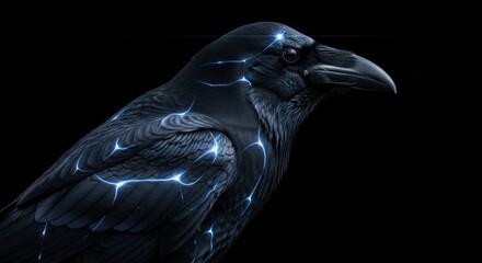 Fototapeta premium Raven with blue glowing cracks, black background