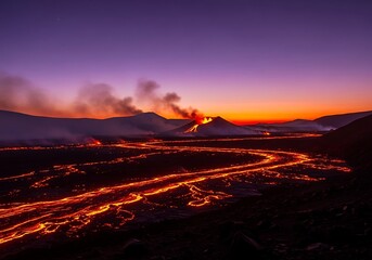 Fiery liquid rock flows from an erupting geological formation against a twilight sky