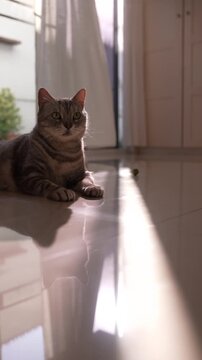 Vertical video of an unbothered fat grey cat sunbathing in bright living room with blowing curtains, ignoring rolling toy balls