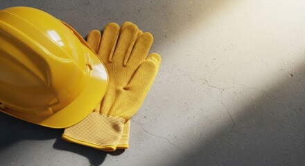 Safety gear (helmet, gloves) on concrete. Sunlit