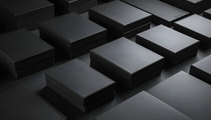 Repeating grid of uniform, solid black, rectangular boxes casting shadows. Clean, stark and modern presentation
