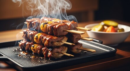 Steaming skewers of grilled meat & onions on a black plate