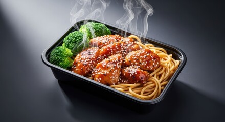 Steaming sesame chicken and noodles with broccoli