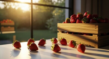 Strawberries scattered on table, box, sunset backdrop