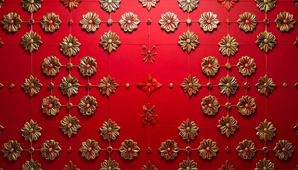 Repeating pattern of gold floral ornaments on a bright red surface creates a rich, textured decorative background