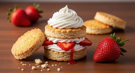 Strawberry shortcake dessert with cream on wooden surface