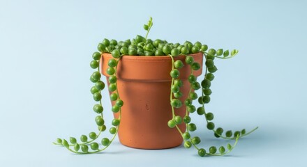 String-of-pearls plant in terracotta pot on blue ground