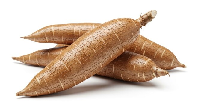 Stack of brown cassava roots, with light ridges