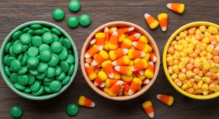 Three bowls filled with green, corn-shaped candies