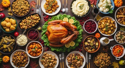 Thanksgiving dinner feast of turkey and side dishes