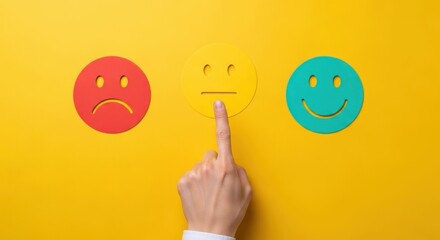 Three faces, red sad, yellow bland, green happy, finger