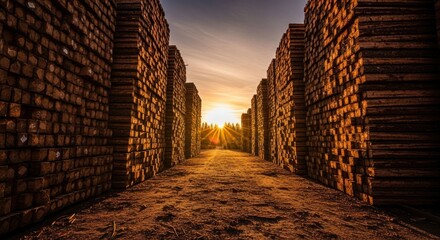 Timber stacks meet setting sun at end of dirt path