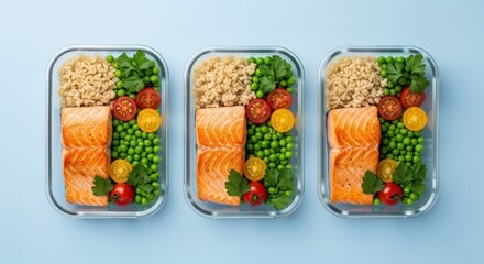 Three lunch boxes with salmon, rice, peas, and tomatoes
