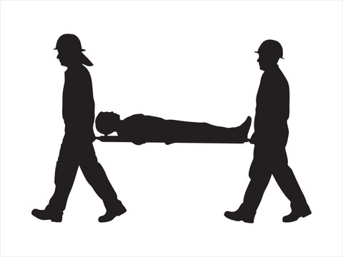 Vector medical staff transporting a patient on a stretcher, 
Two workers in silhouette carrying a patient a stretcher vector illustration 