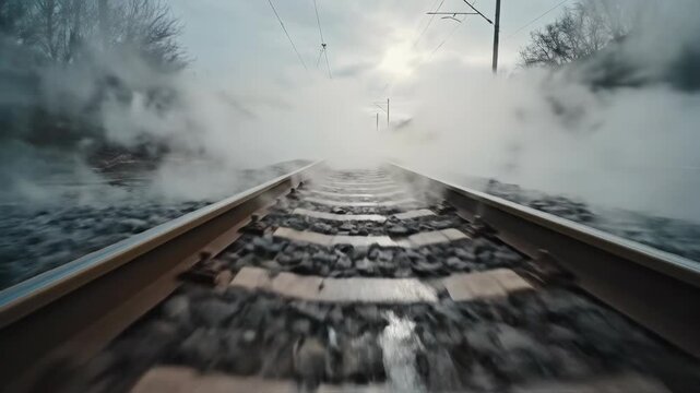 Steam train tracks leading into the distance with cloudy sky.