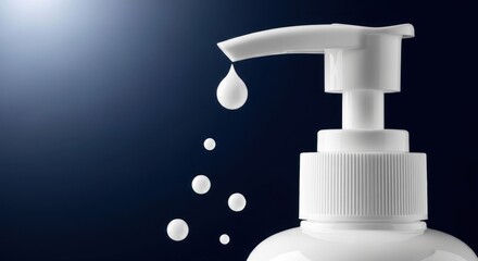 White dispenser and liquid droplets, against blue background