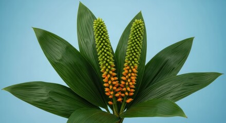 Two spiky flowers, green leaves, against blue backdrop