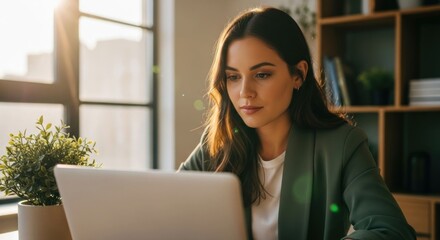 Woman working on laptop, sunlight, indoor background