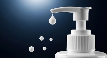 White pump dispensing liquid, droplets falling