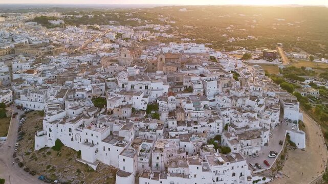 Aerial sunset view of Ostuni the White City, Puglia, Italy