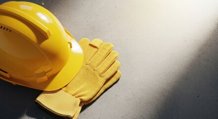 Yellow hard hat, gloves rest on gray surface, sunlit
