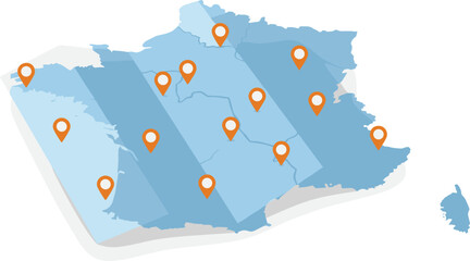 Blue France map illustration with orange location pins and regional markers isolated on white background for travel logistics and geography © Mojahid