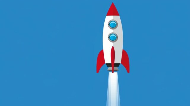 A retro-styled rocketship takes off against a bright blue sky