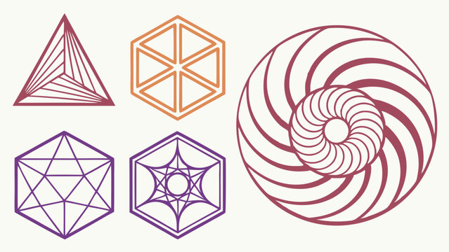 Abstract Sacred Geometry Vector Symbols Fibonacci Spiral Hexagon and Star Patterns Minimalist Line Art for Modern Branding and Web Design Elements