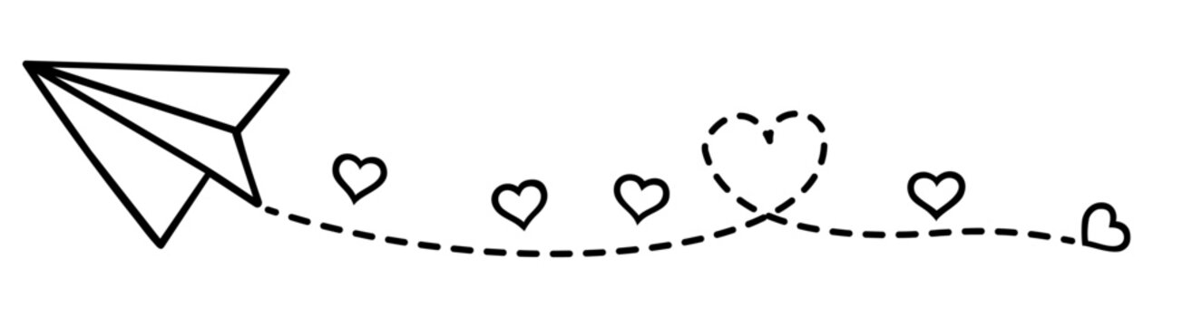 Paper airplane flying with hearts line, romantic air mail love message for Valentine&rsquo;s Day, floating plane with love notes February 14