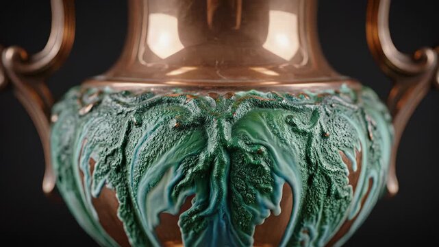 Close up of ornate copper vase with intricate green leaf design and reflective surface against a dark background studio lighting detailed craftsmanship elegant decorative object