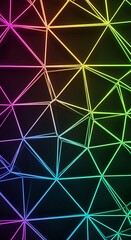 Glowing neon network of connected triangular shapes radiates across a dark background