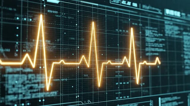 A dynamic digital heartbeat displayed on a medical monitor screen with grid background and futuristic interface