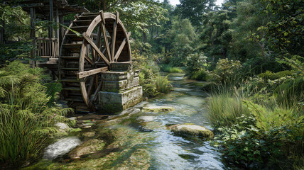 A traditional wooden water wheel turns slowly on a rural river with clear flowing water.
