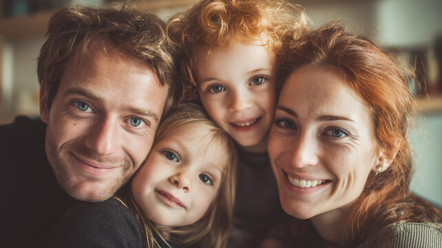 The concept of a family with two children is enough with happy parents and two children smiling together.