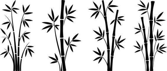 Fototapeta premium Minimal bamboo plant silhouettes, black botanical vector illustration, Asian nature design, Zen style foliage, isolated on white background