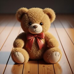 Fluffy brown stuffed animal wearing a satin red bow sits on a reflective wooden floor