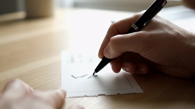 Close Up Shot of Hands Writing on Paper with Pen.