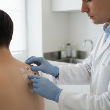 Dermatologist performing allergy patch test on patient back