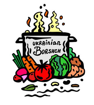 Vegetable set for Ukrainian borscht, near the pot. Vector color illustration on a white isolated background