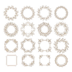 Golden Floral Wreath Frames Isolated on White Background