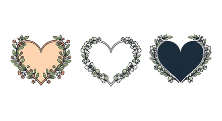 Hearts Decorated with Floral Wreaths on White Background