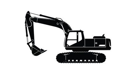 A stark black silhouette depicts a heavy duty excavator machine showcasing its powerful form silhouette high quality professional detailed modern elegant stylish