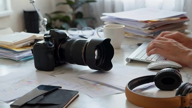 Work desk with camera and documents